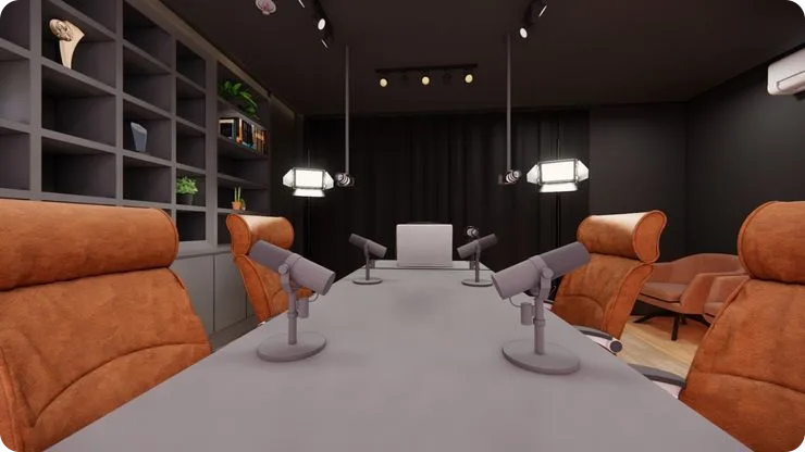 Mesa de gravação do estúdio com quatro microfones e iluminação montada
