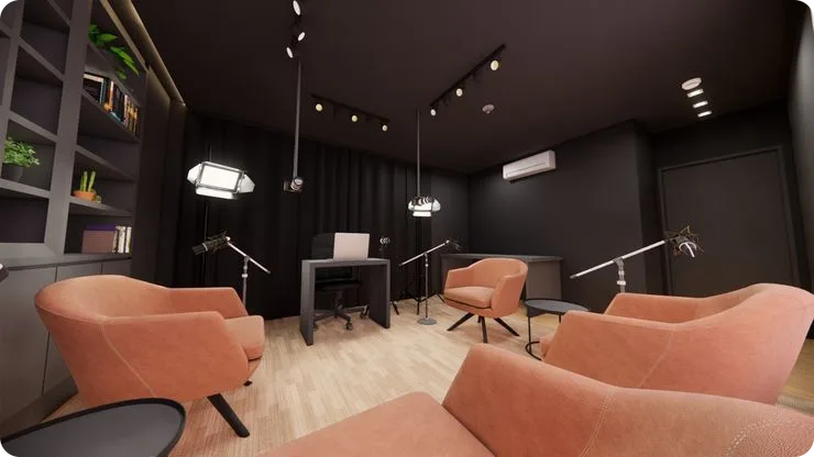 Estúdio da B3 com poltronas, tripés e iluminação montada